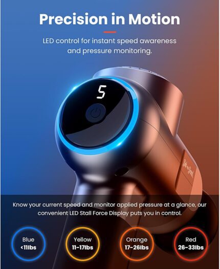 Close-up of massage gun LED display showing pressure levels and speed control