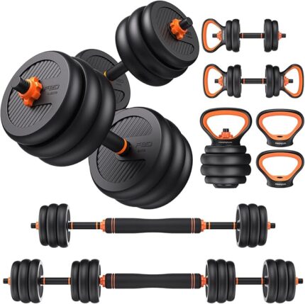 Complete FEIERDUN 5-in-1 adjustable dumbbell set with barbell, kettlebell, and push-up accessories