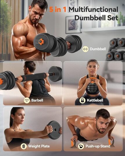 Men and women performing different exercises with dumbbell, barbell, kettlebell, and push-up base