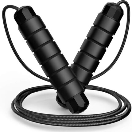 Close-up of jump rope handle showing steel wire core and foam grip for durability and comfort
