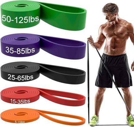 Resistance band set with labeled strength levels from 5 to 125 pounds