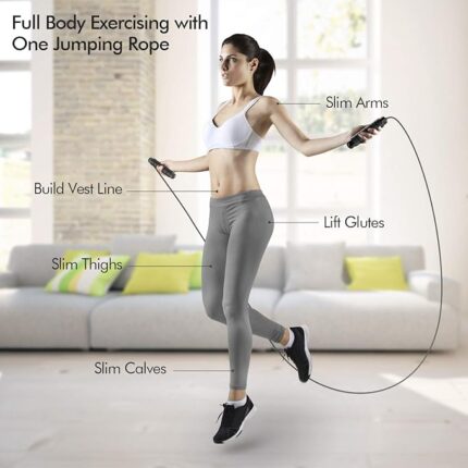 Woman performing full-body workout with jump rope, highlighting muscle groups targeted