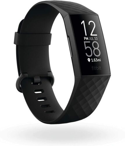 Angled view of the Fitbit Charge 4 showing the sleek screen and band design