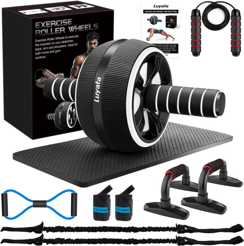 "Luyata home workout kit with ab roller, push-up bars and resistance bands"