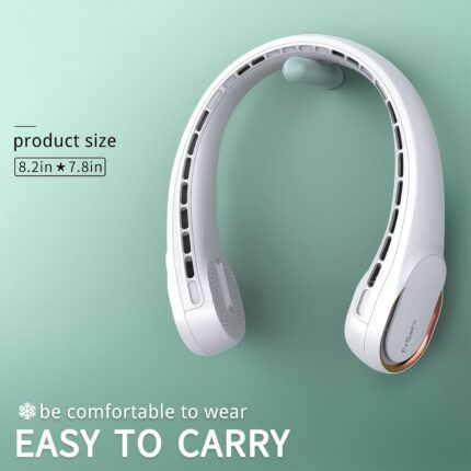 "Compact and wearable neck fan hanging on a hook"