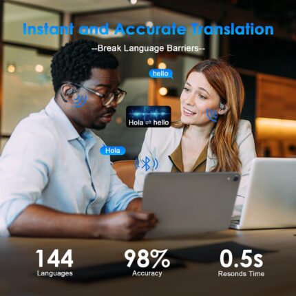 "Man and woman using real-time translation earbuds"