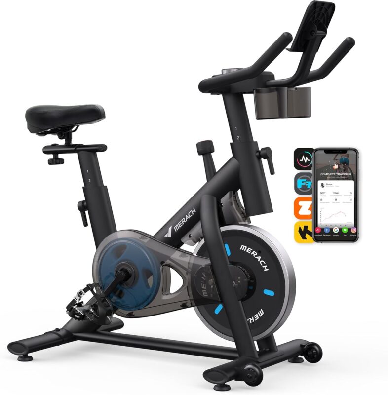 MERACH indoor cycling bike with smartphone app compatibility and adjustable seat