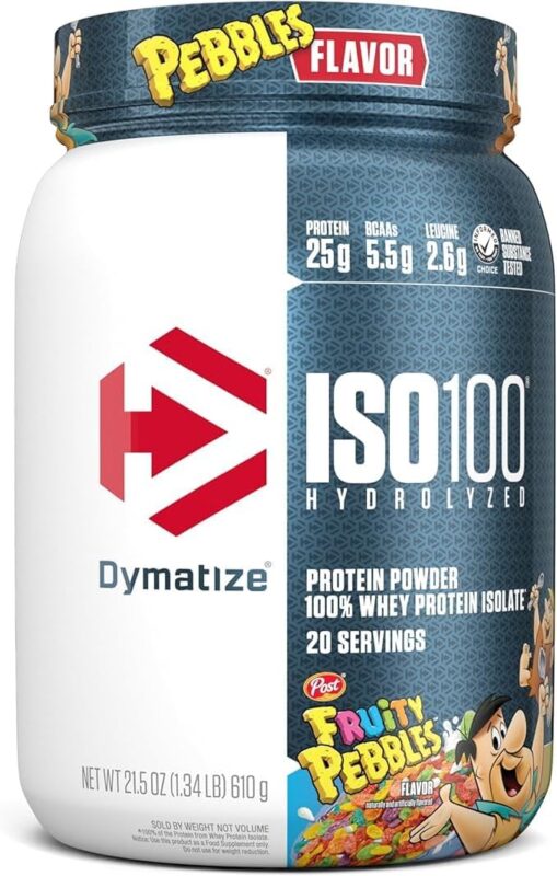 Dymatize ISO100 Fruity Pebbles protein powder container front view