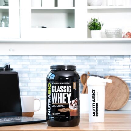 NutraBio Classic Whey container with shaker bottle