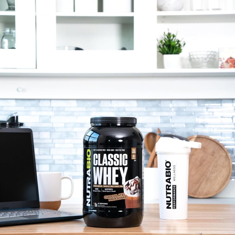NutraBio Classic Whey container with shaker bottle